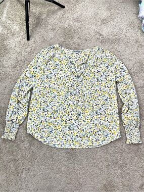Pleione White Floral Tie-Neck Blouse with Yellow & Blue Flowers